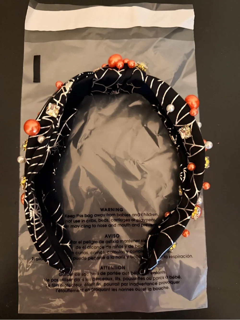 Black Spiderweb Headband with Coral and Pearl Accents
